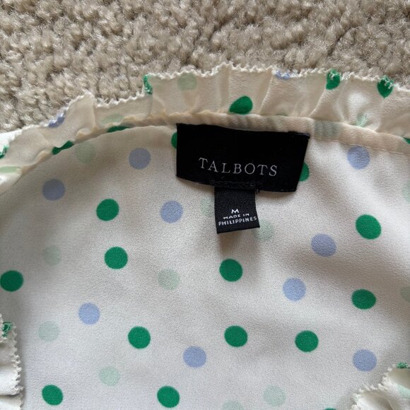 Talbots sleeveless blouse - white w/green and blue polka dots. Ruffles! Size M - Picture 2 of 2